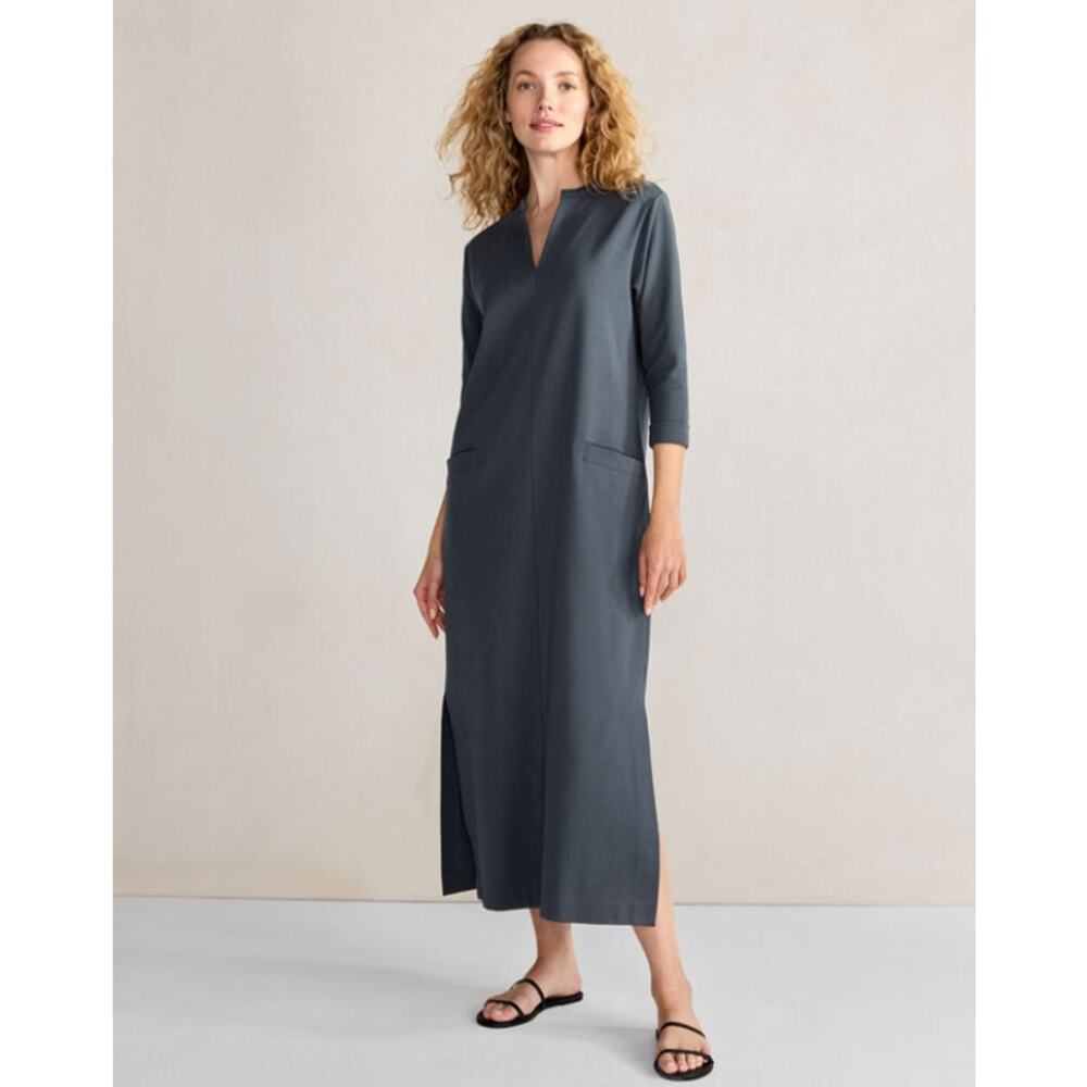 Haven Women's Gray Polished Lounge Split-Neck Dress Elbow Sleeve Size Medium